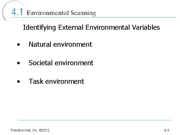 Identifying External Environmental Variables • Natural environment • Societal environment • Task environment Prentice