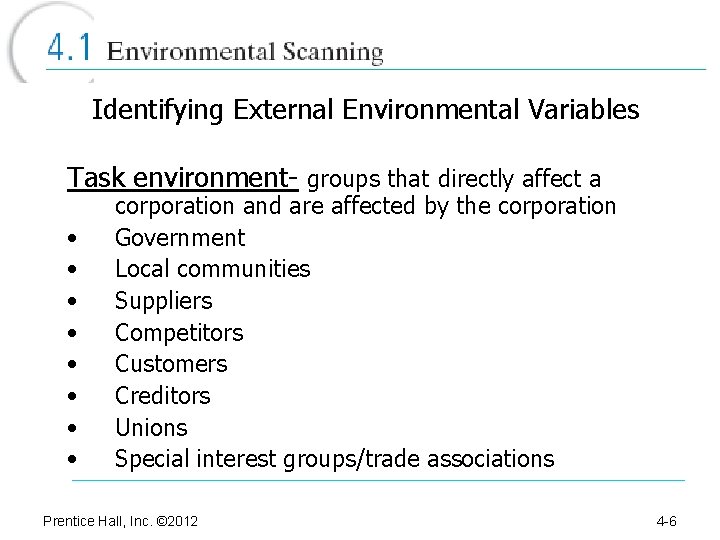 Identifying External Environmental Variables Task environment- groups that directly affect a • • corporation