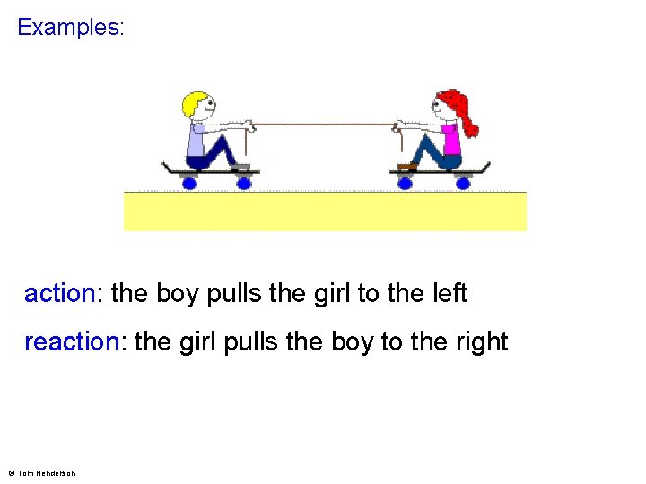 Examples: action: the boy pulls the girl to the left reaction: the girl pulls