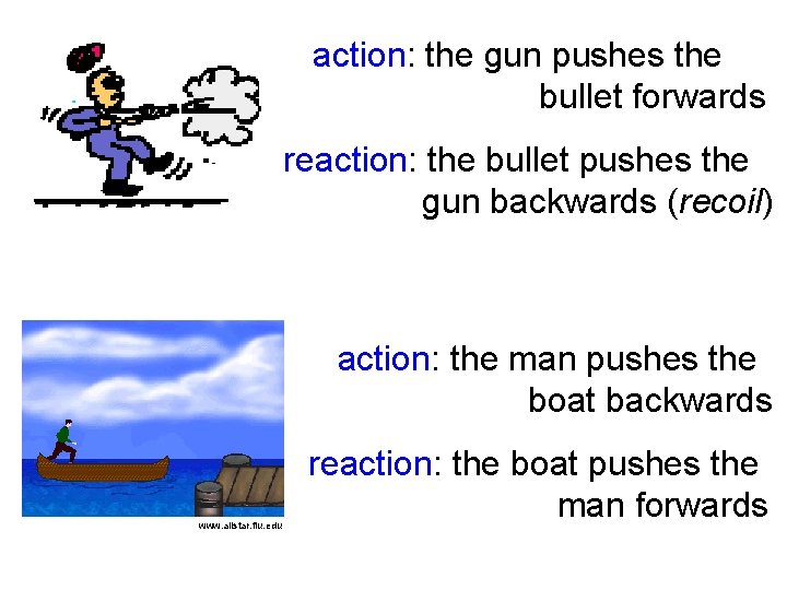 action: the gun pushes the bullet forwards reaction: the bullet pushes the gun backwards