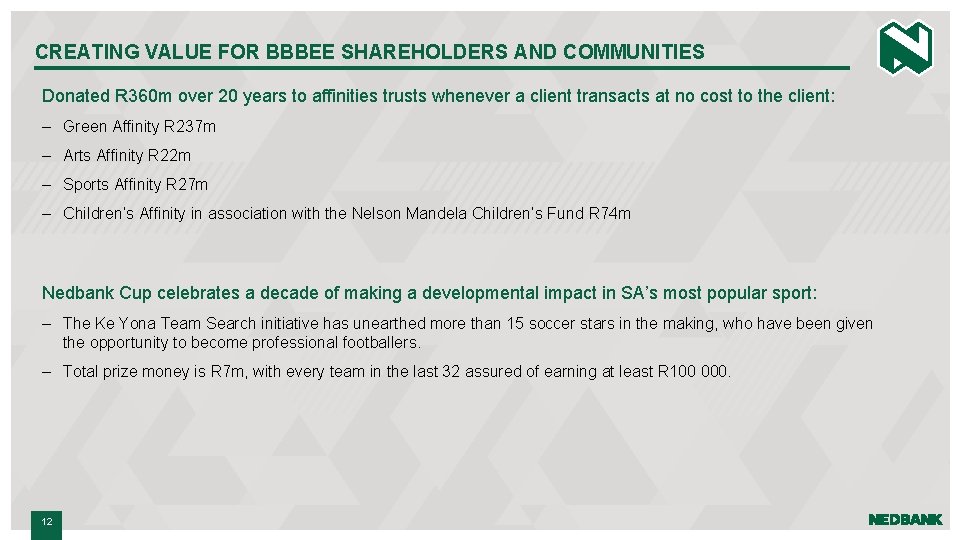 CREATING VALUE FOR BBBEE SHAREHOLDERS AND COMMUNITIES Donated R 360 m over 20 years