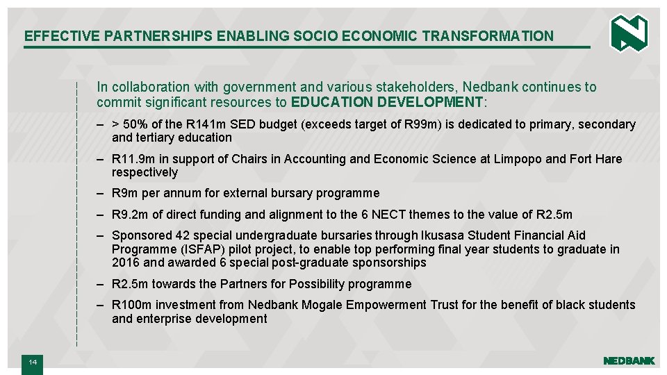 EFFECTIVE PARTNERSHIPS ENABLING SOCIO ECONOMIC TRANSFORMATION In collaboration with government and various stakeholders, Nedbank