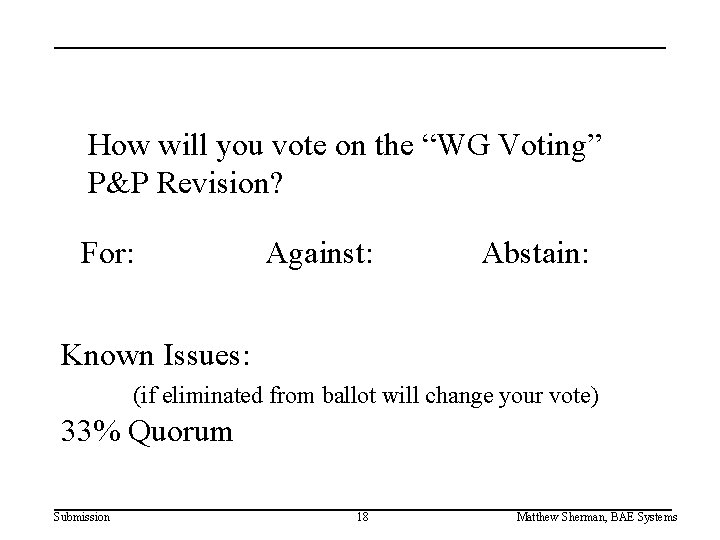 How will you vote on the “WG Voting” P&P Revision? For: Against: Abstain: Known