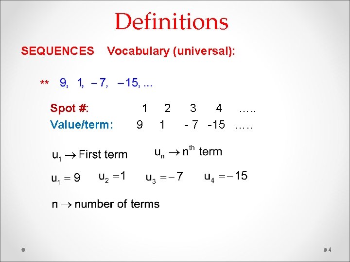 Definitions SEQUENCES Vocabulary (universal): ** Spot #: Value/term: 1 2 9 1 3 4