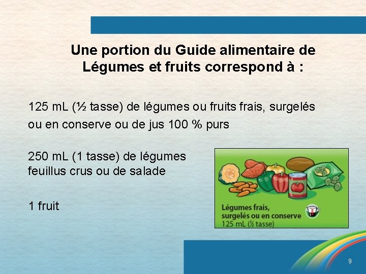 Une portion du Guide alimentaire de Légumes et fruits correspond à : 125 m.