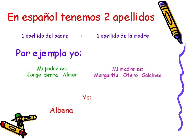 En español tenemos 2 apellidos 1 apellido del padre + 1 apellido de la