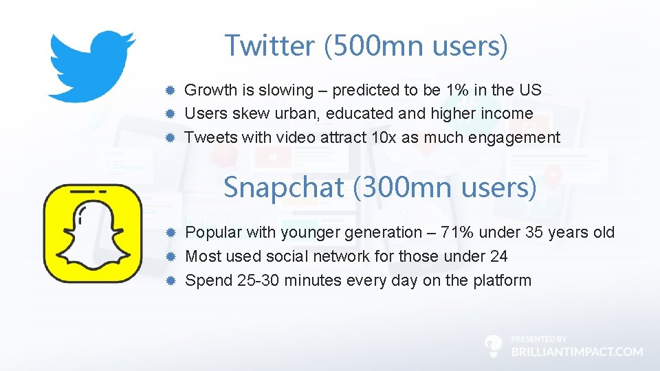 Twitter (500 mn users) Growth is slowing – predicted to be 1% in the