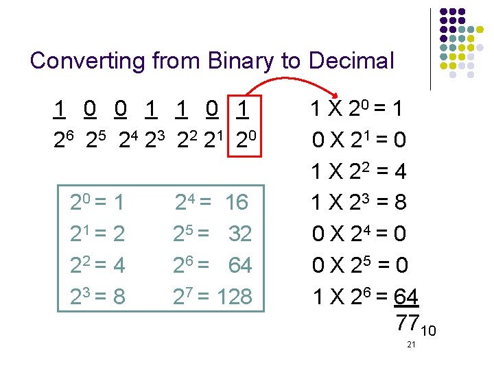 Converting from Binary to Decimal 1 0 0 1 1 0 1 2 6