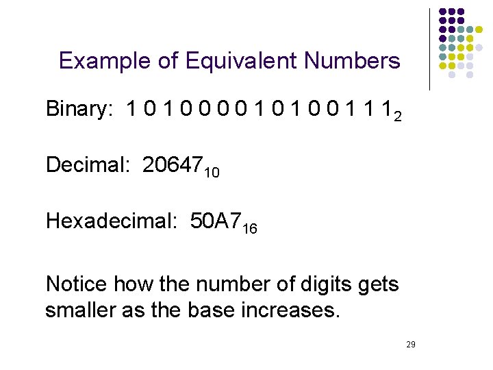 Example of Equivalent Numbers Binary: 1 0 0 0 0 1 1 12 Decimal: