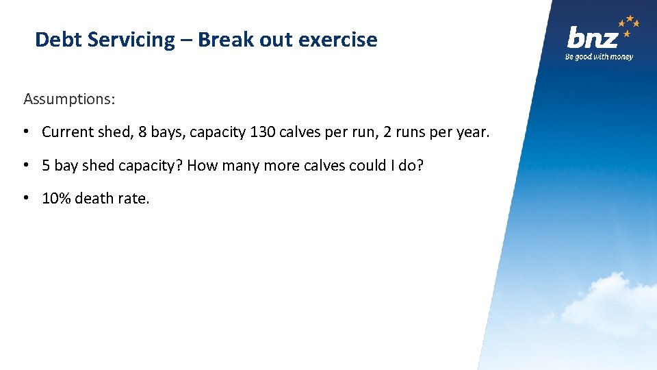 Debt Servicing – Break out exercise Assumptions: • Current shed, 8 bays, capacity 130