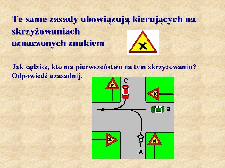 Te same zasady obowiązują kierujących na skrzyżowaniach oznaczonych znakiem Jak sądzisz, kto ma pierwszeństwo