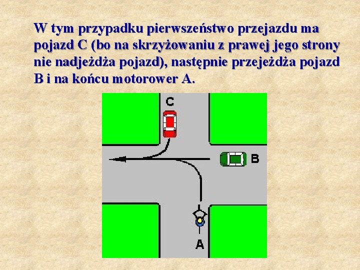 W tym przypadku pierwszeństwo przejazdu ma pojazd C (bo na skrzyżowaniu z prawej jego
