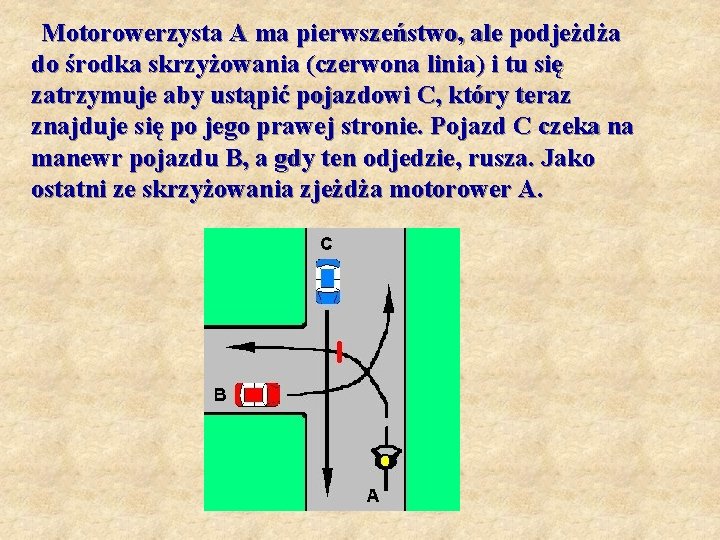 Motorowerzysta A ma pierwszeństwo, ale podjeżdża do środka skrzyżowania (czerwona linia) i tu się