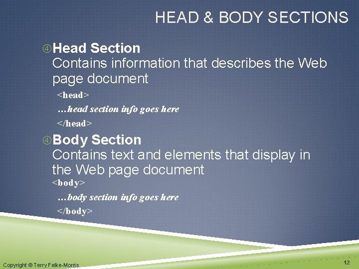 HEAD & BODY SECTIONS Head Section Contains information that describes the Web page document