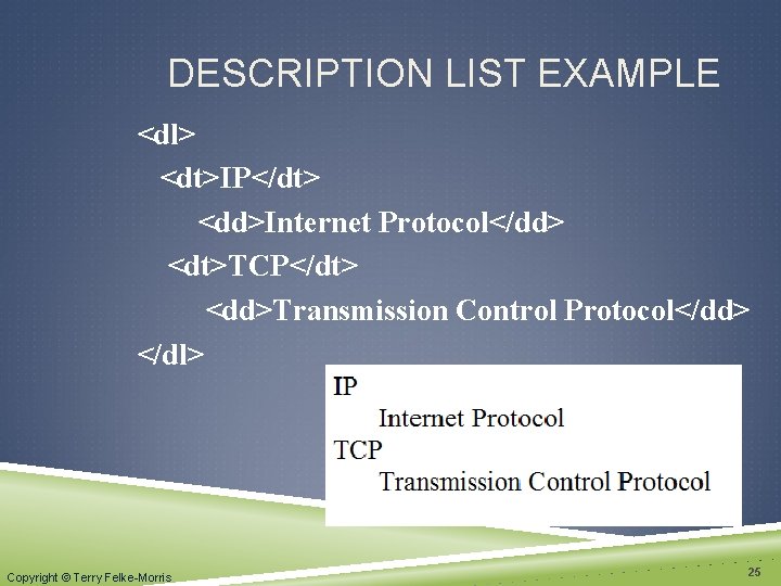 DESCRIPTION LIST EXAMPLE <dl> <dt>IP</dt> <dd>Internet Protocol</dd> <dt>TCP</dt> <dd>Transmission Control Protocol</dd> </dl> Copyright ©