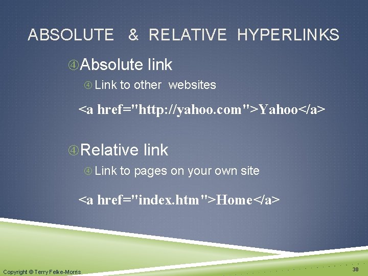ABSOLUTE & RELATIVE HYPERLINKS Absolute link Link to other websites <a href="http: //yahoo. com">Yahoo</a>