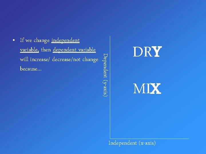 Dependent (y-axis) • If we change independent variable, then dependent variable will increase/ decrease/not
