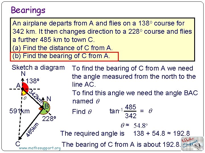 Bearings An airplane departs from A and flies on a 138 o course for