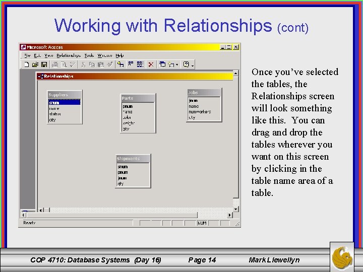 Working with Relationships (cont) Once you’ve selected the tables, the Relationships screen will look