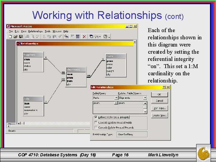 Working with Relationships (cont) Each of the relationships shown in this diagram were created