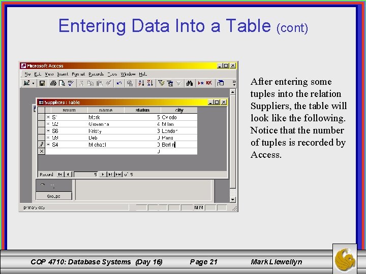 Entering Data Into a Table (cont) After entering some tuples into the relation Suppliers,