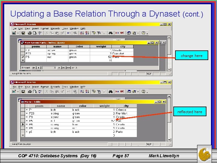 Updating a Base Relation Through a Dynaset (cont. ) change here reflected here COP
