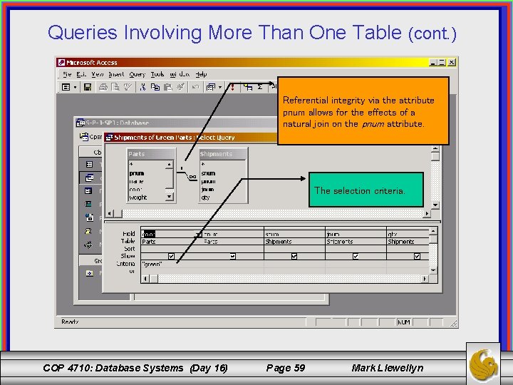 Queries Involving More Than One Table (cont. ) Referential integrity via the attribute pnum