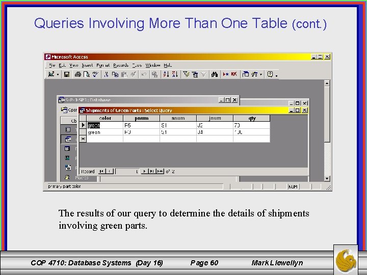 Queries Involving More Than One Table (cont. ) The selection criteria. The results of