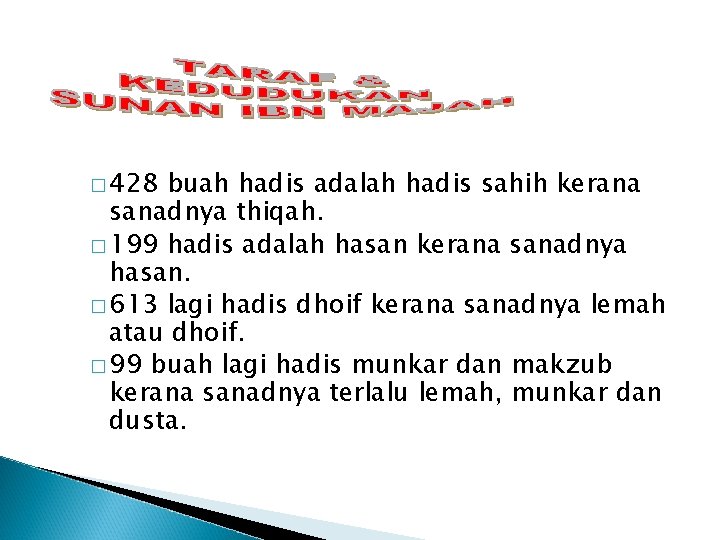 � 428 buah hadis adalah hadis sahih kerana sanadnya thiqah. � 199 hadis adalah