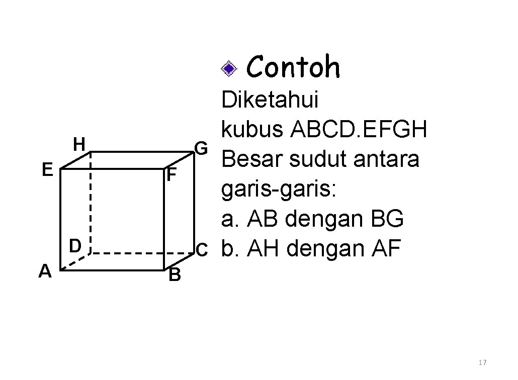 Contoh H E G F D A C Diketahui kubus ABCD. EFGH Besar sudut