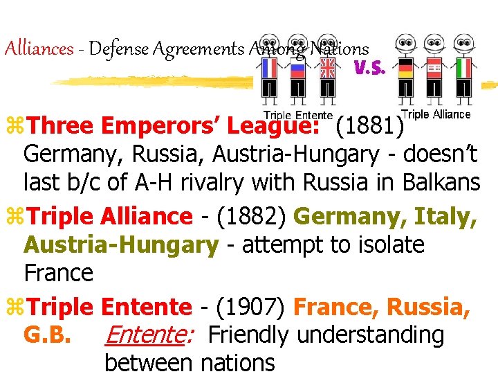 Alliances - Defense Agreements Among Nations z. Three Emperors’ League: (1881) Germany, Russia, Austria-Hungary