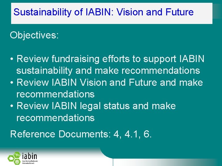 Sustainability of IABIN: Vision and Future Objectives: • Review fundraising efforts to support IABIN