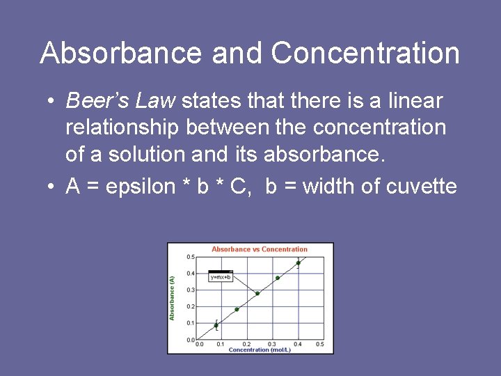 Absorbance and Concentration • Beer’s Law states that there is a linear relationship between