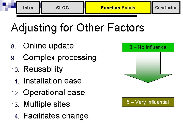 Intro SLOC Function Points Conclusion Adjusting for Other Factors 8. 9. 10. 11. 12. Intro SLOC Function Points Conclusion Adjusting for Other Factors 8. 9. 10. 11. 12.