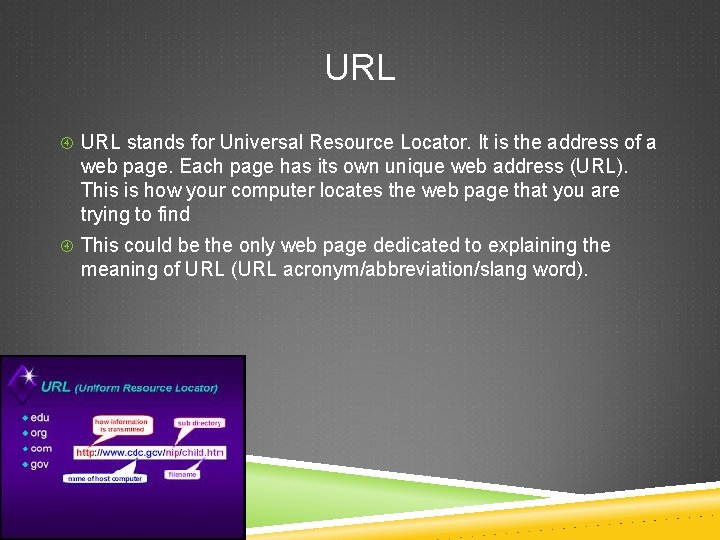 URL stands for Universal Resource Locator. It is the address of a web page.