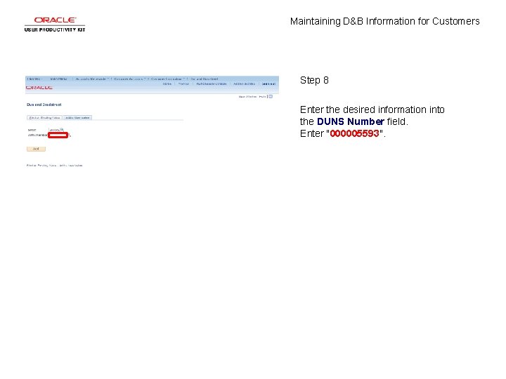 Maintaining D&B Information for Customers Step 8 Enter the desired information into the DUNS