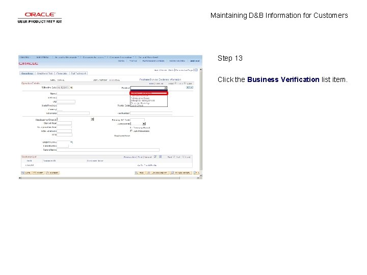 Maintaining D&B Information for Customers Step 13 Click the Business Verification list item. 