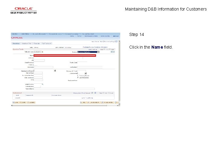 Maintaining D&B Information for Customers Step 14 Click in the Name field. 