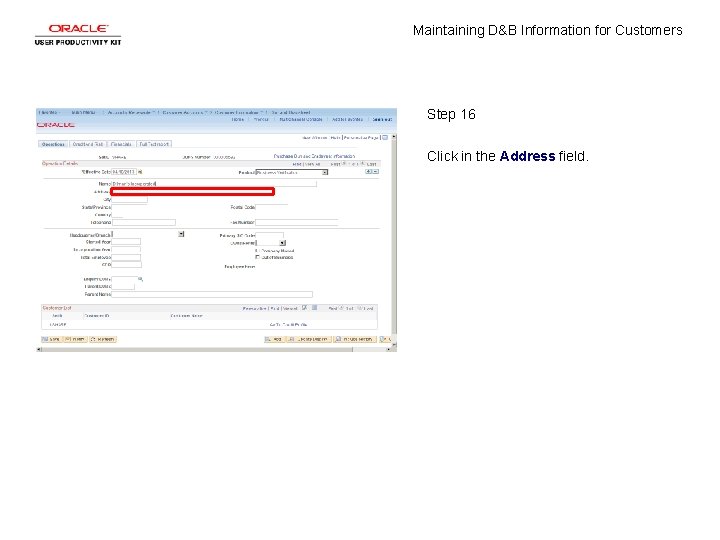 Maintaining D&B Information for Customers Step 16 Click in the Address field. 