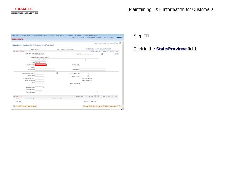 Maintaining D&B Information for Customers Step 20 Click in the State/Province field. 