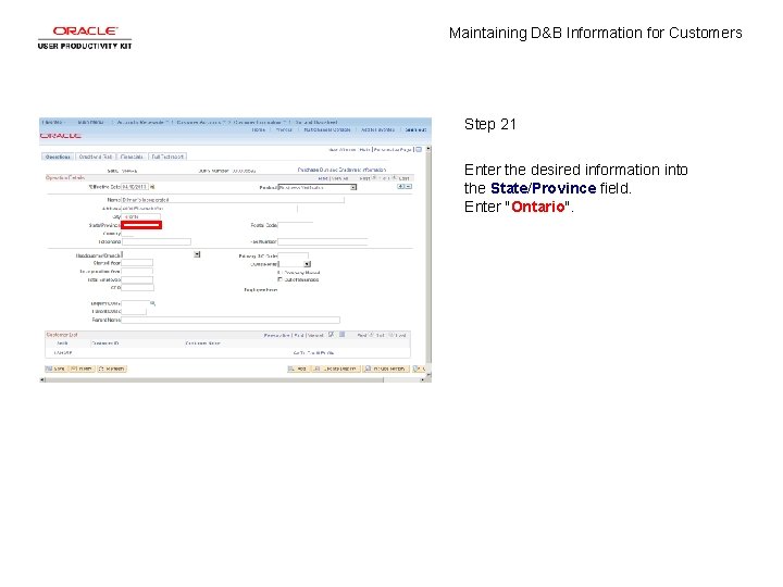 Maintaining D&B Information for Customers Step 21 Enter the desired information into the State/Province