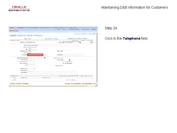 Maintaining D&B Information for Customers Step 24 Click in the Telephone field. 