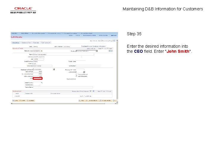 Maintaining D&B Information for Customers Step 35 Enter the desired information into the CEO