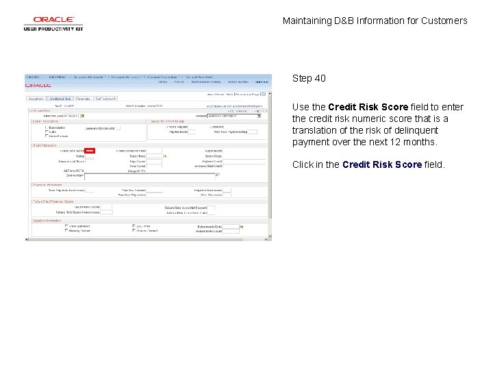 Maintaining D&B Information for Customers Step 40 Use the Credit Risk Score field to