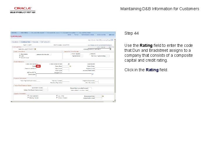 Maintaining D&B Information for Customers Step 44 Use the Rating field to enter the