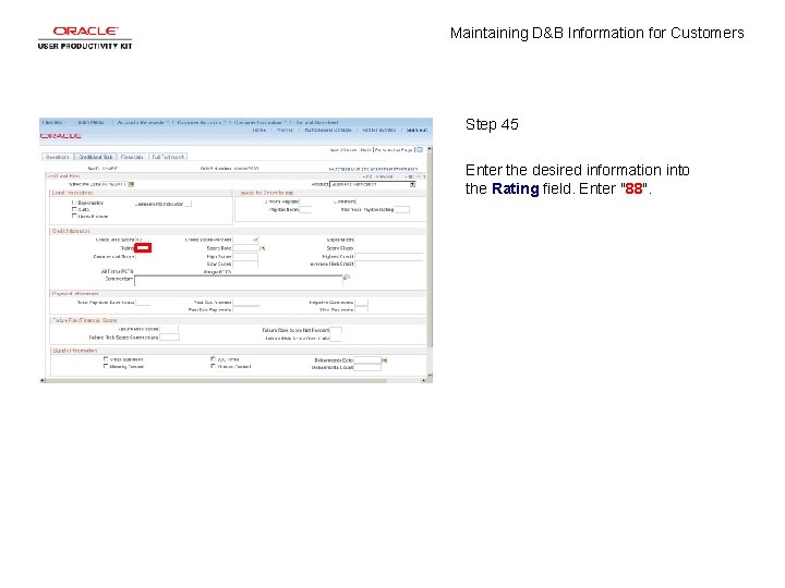 Maintaining D&B Information for Customers Step 45 Enter the desired information into the Rating