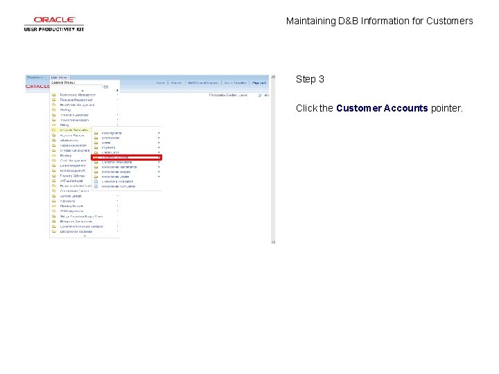 Maintaining D&B Information for Customers Step 3 Click the Customer Accounts pointer. 