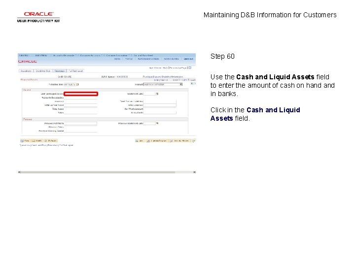 Maintaining D&B Information for Customers Step 60 Use the Cash and Liquid Assets field