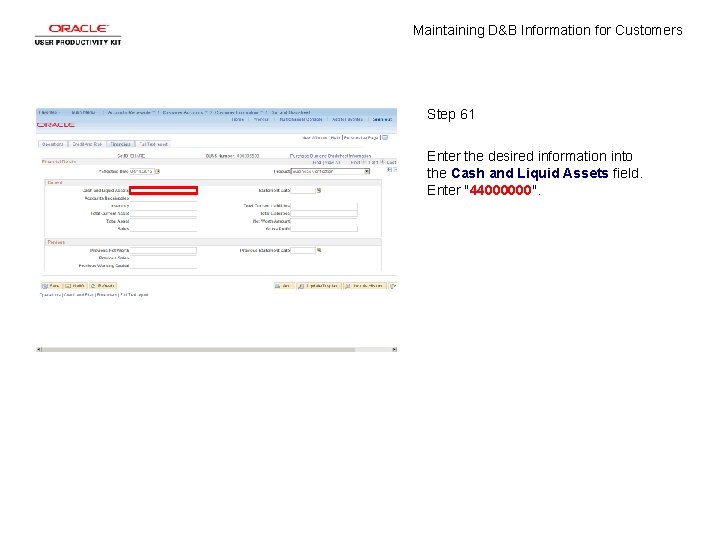 Maintaining D&B Information for Customers Step 61 Enter the desired information into the Cash