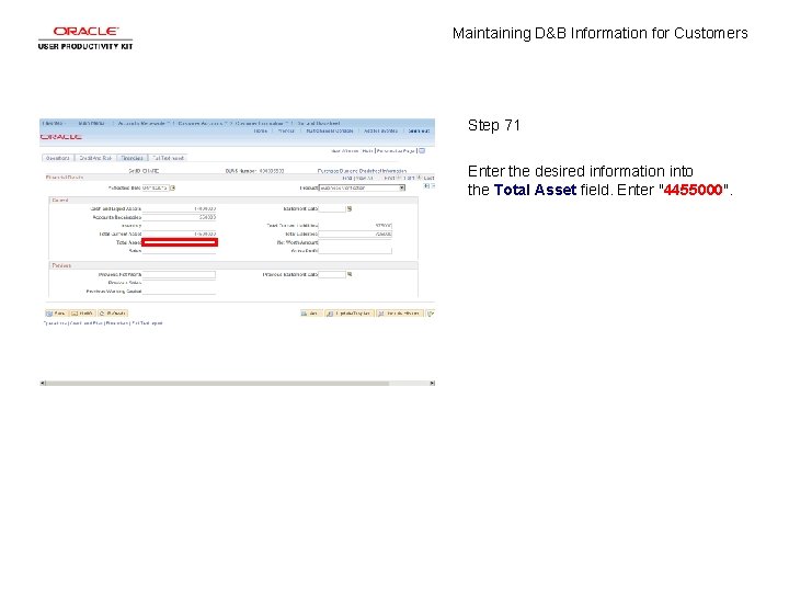 Maintaining D&B Information for Customers Step 71 Enter the desired information into the Total